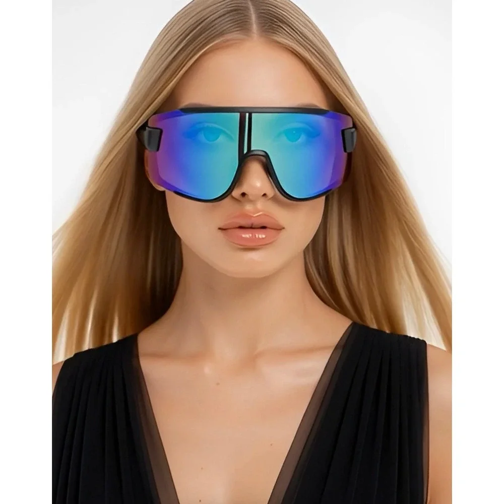 Futuristic Oversize Women Sunglasses Ski Sports‎ Blue Mirrored Lens Ladys Gafas